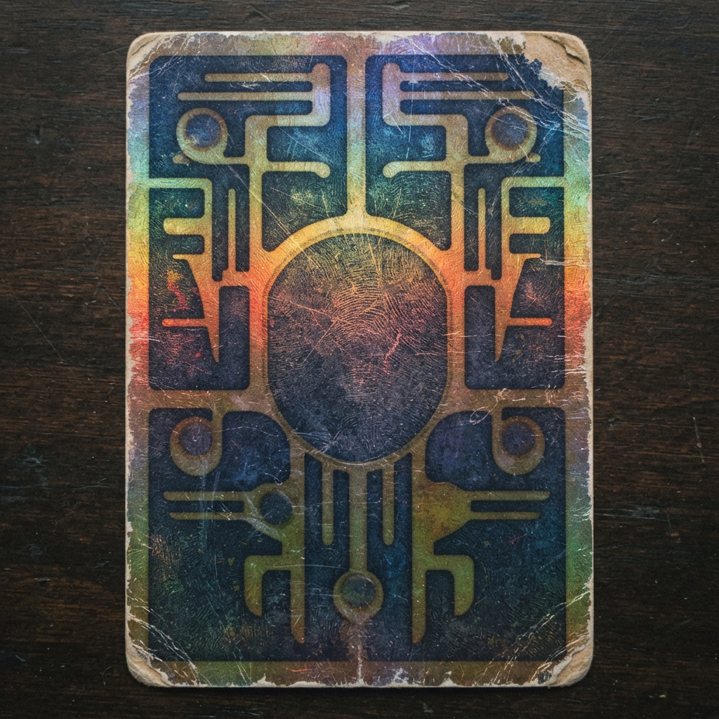 Weathered rectangular card on a wooden surface bearing a symmetrical abstract golden geometric emblem.