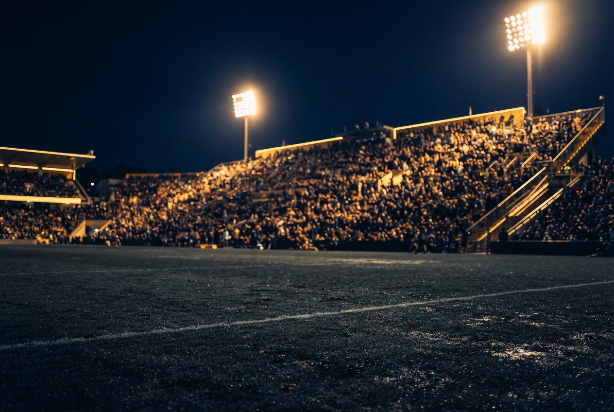 Nighttime sports stadium with a dark field, crowded illuminated bleachers, and two bright floodlight towers.