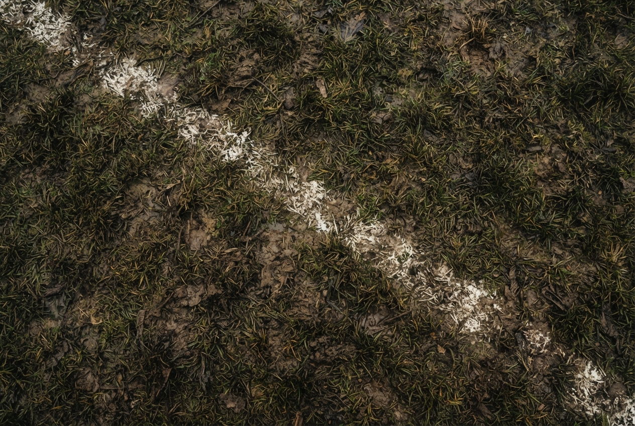 Patchy grass and fallen leaves with an irregular white diagonal trail across the ground.