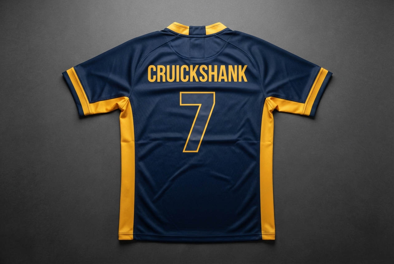 Back of a navy athletic jersey with gold trim, “CRUICKSHANK,” and the number 7.