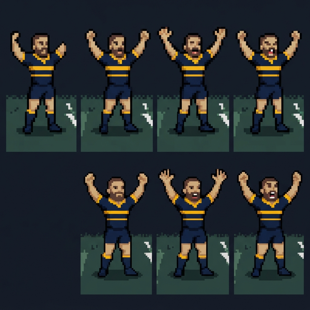 Pixel-art sprite sheet showing seven bearded athletes in navy and yellow uniforms celebrating on grassy panels.