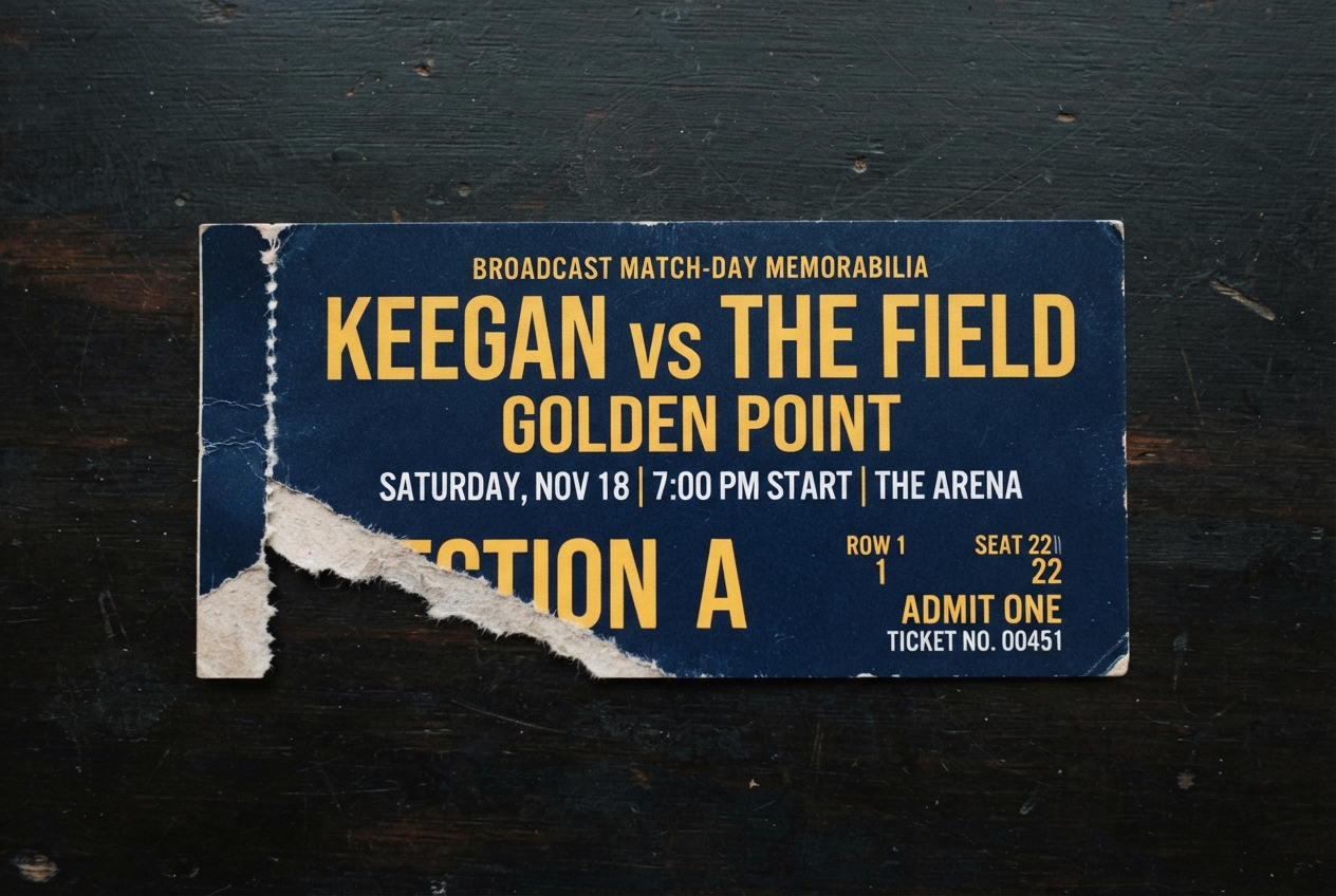 Torn navy-blue ticket reading “Keegan vs the Field,” with event, seat, and ticket details on a wooden surface.