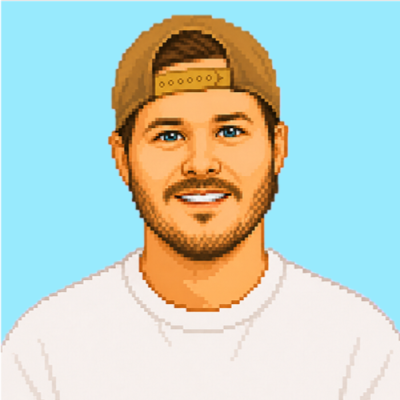 Pixel-art portrait of a smiling bearded man in a backward cap and white shirt on a cyan background.