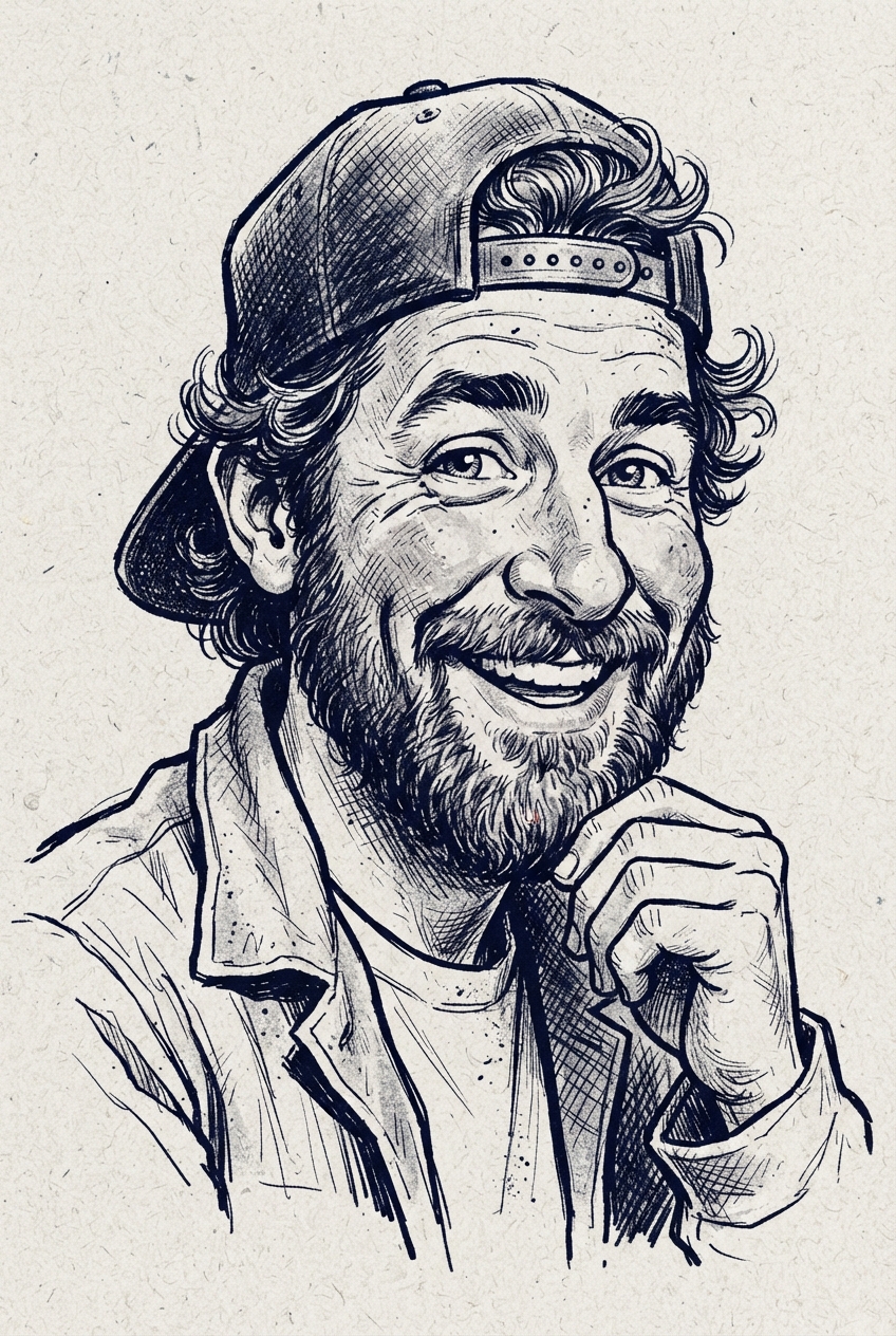 Ink portrait of a smiling bearded man wearing a backward baseball cap and collared jacket.
