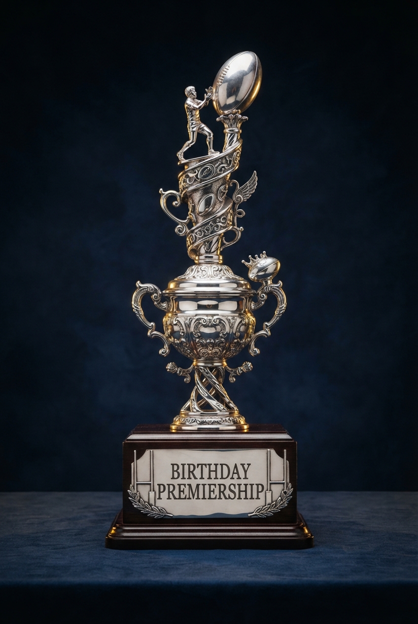 Ornate silver football trophy on a wooden base labeled “BIRTHDAY PREMIERSHIP.”