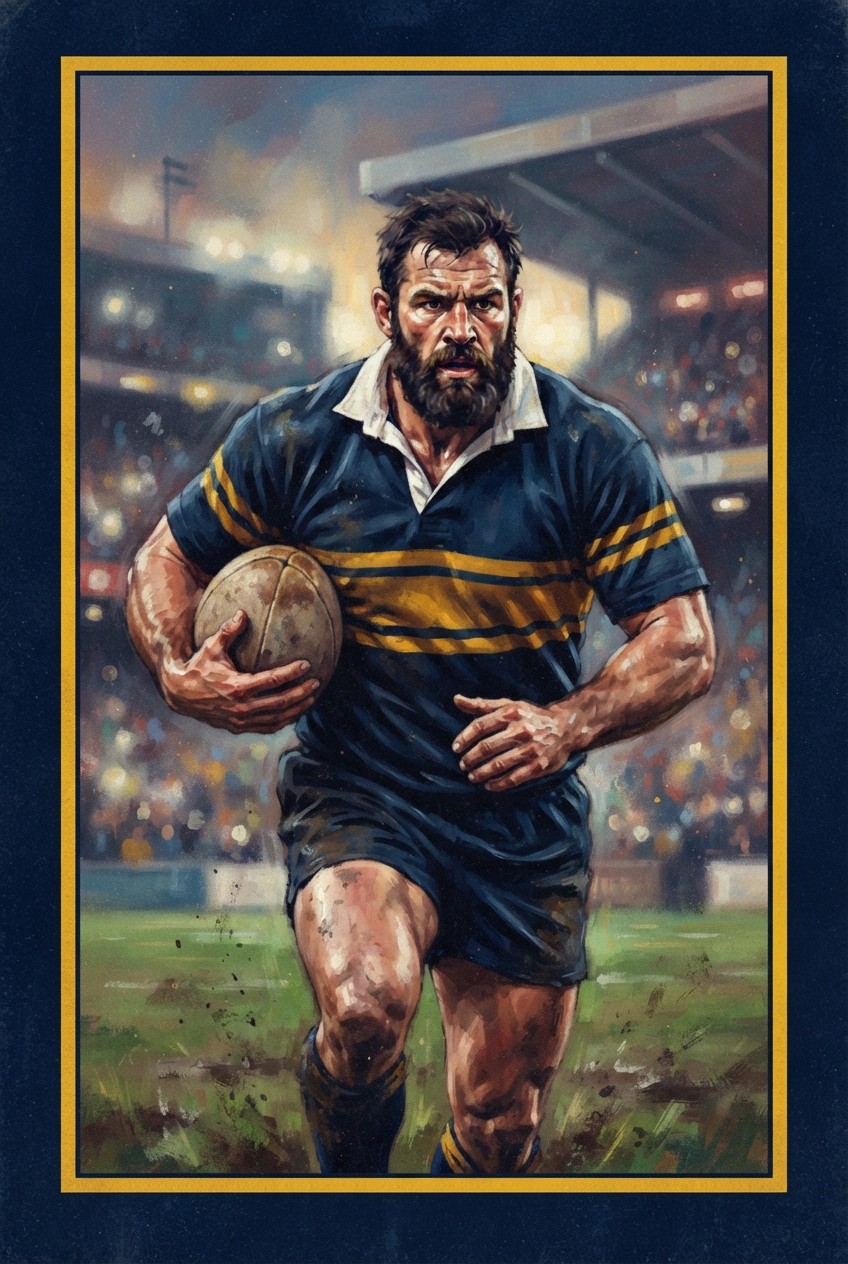 Bearded rugby player in a navy and yellow jersey runs through a stadium holding a rugby ball.
